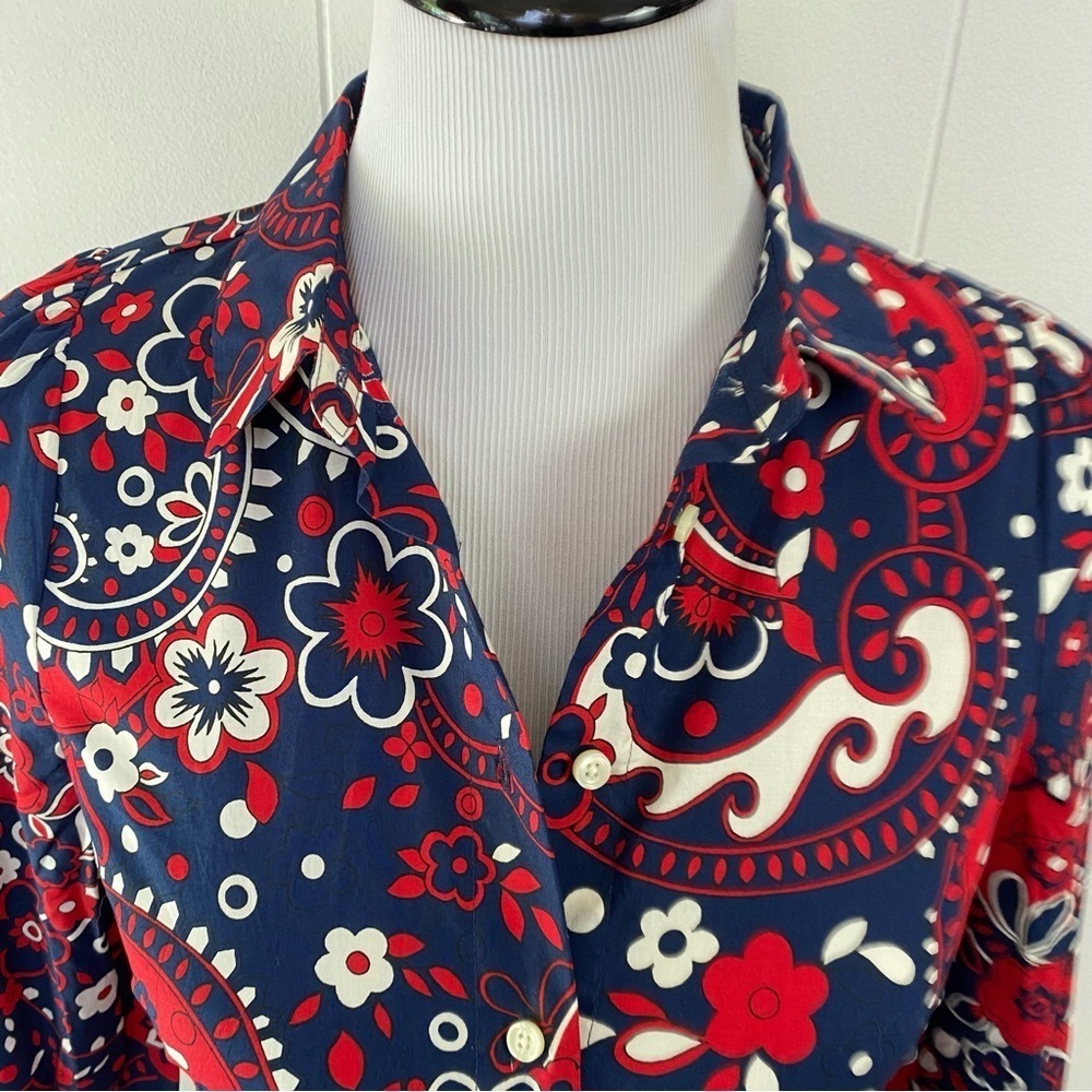NWT Talbots Paisley Poplin Shirt Dress Size 2P Red Blue Old Money Cotton Belted - Picture 5 of 15